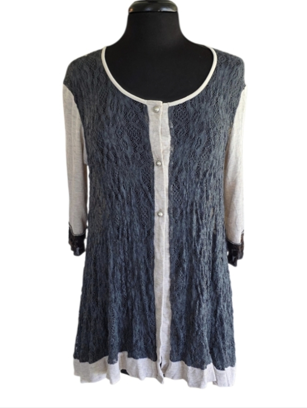 Vintage Y2K Patchwork Surrealist M? Navy Lace Tunic Cream Trim